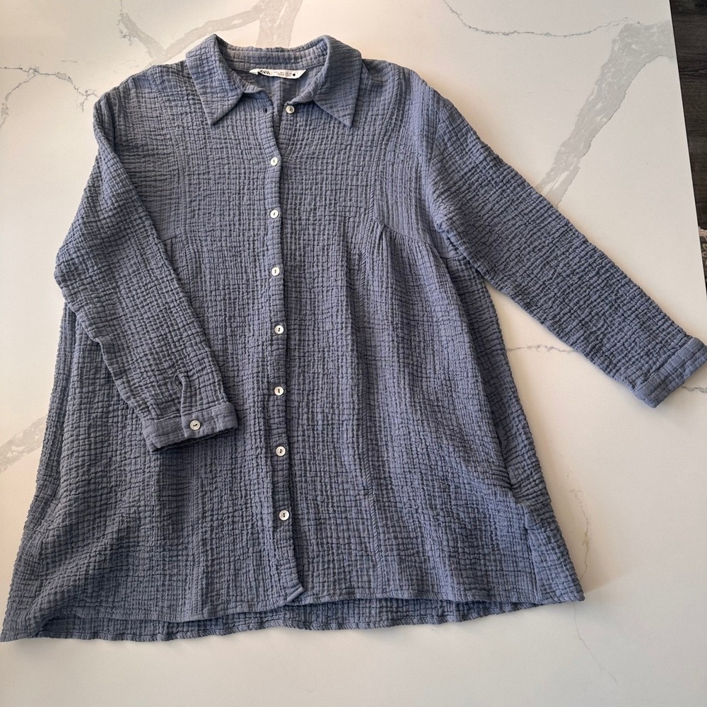 Zara Blue Textured Double Gauze Cotton Button Down Shirt Babydoll Tunic Large